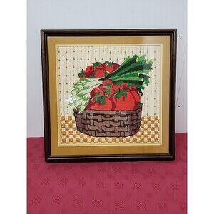 Vintage 1970s Crewel&Needlepoint Art Custom Framed Matted Tomatoes Leeks 18 x 18